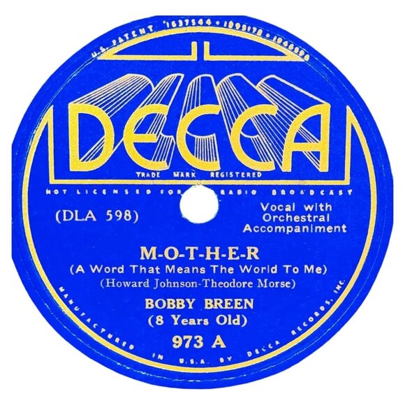Bobby Breen M-O-T-H-E-R / The Rosary 10in Shellac 78 RPM Decca 973 Record VTG - Picture 2 of 4
